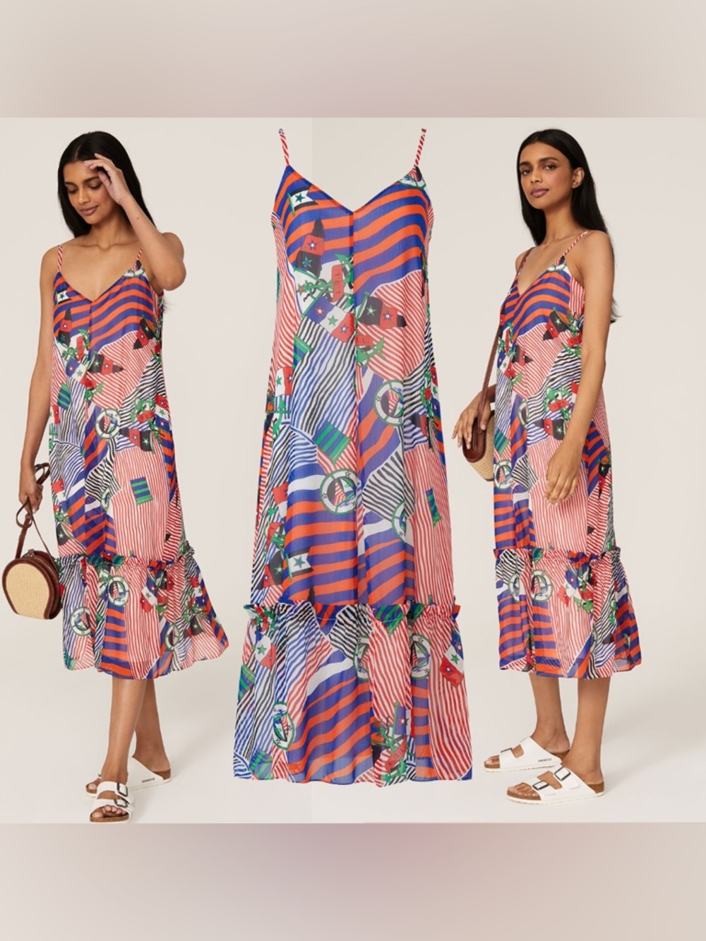 Lauren Ralph Lauren V-Neck Nautical Sailor Tiered Midi Dress Red white Blue 16